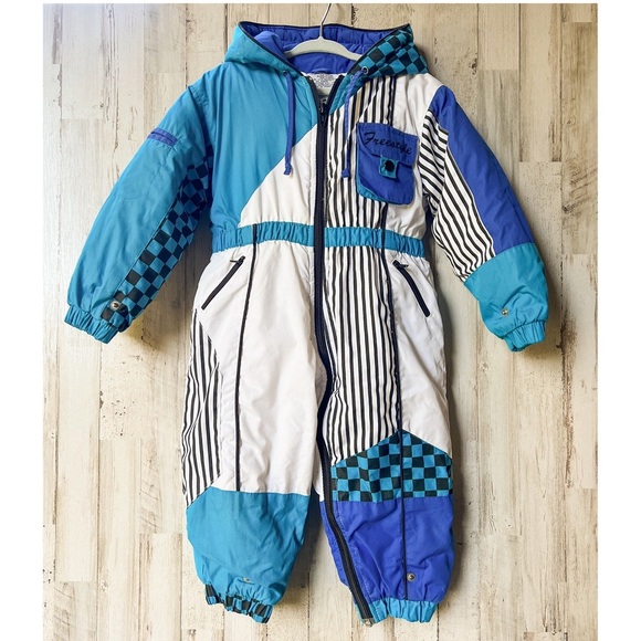 giacca Other - Rad Vintage 80s 90s Unisex Snowsuit Blue Checkered Striped Colorblock 24 mos